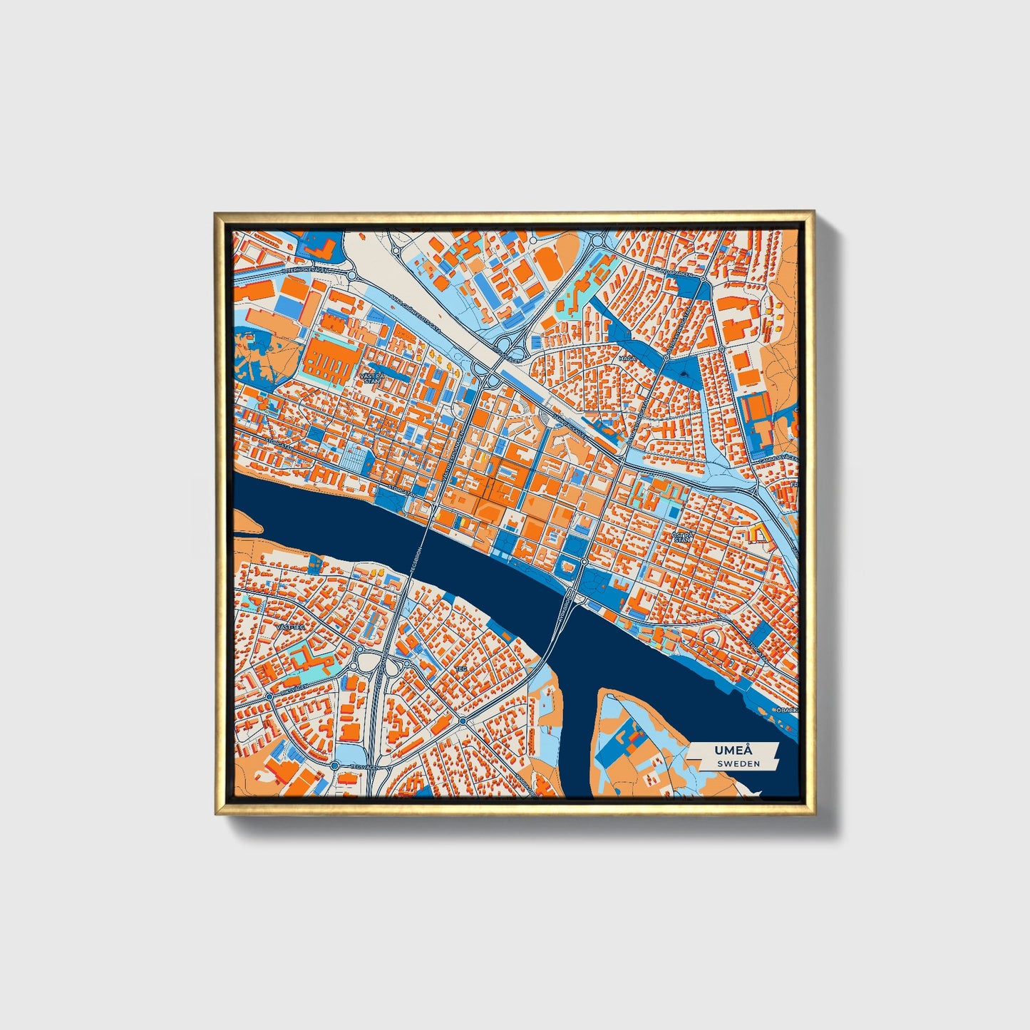 Umeå Sweden Colorful City Map Canvas Print • Gold Framed