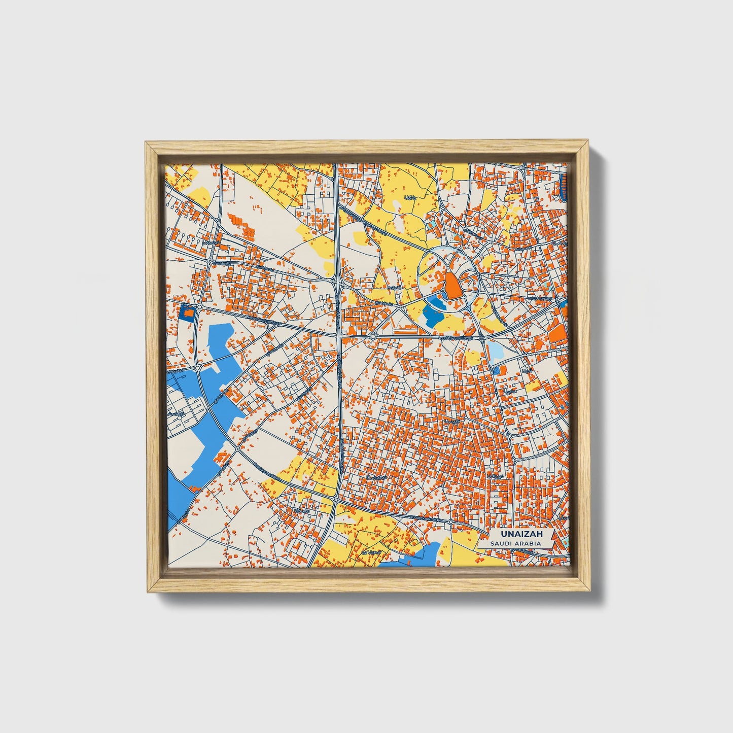Unaizah Saudi Arabia Colorful City Map Canvas Print • Natural Wooden Framed