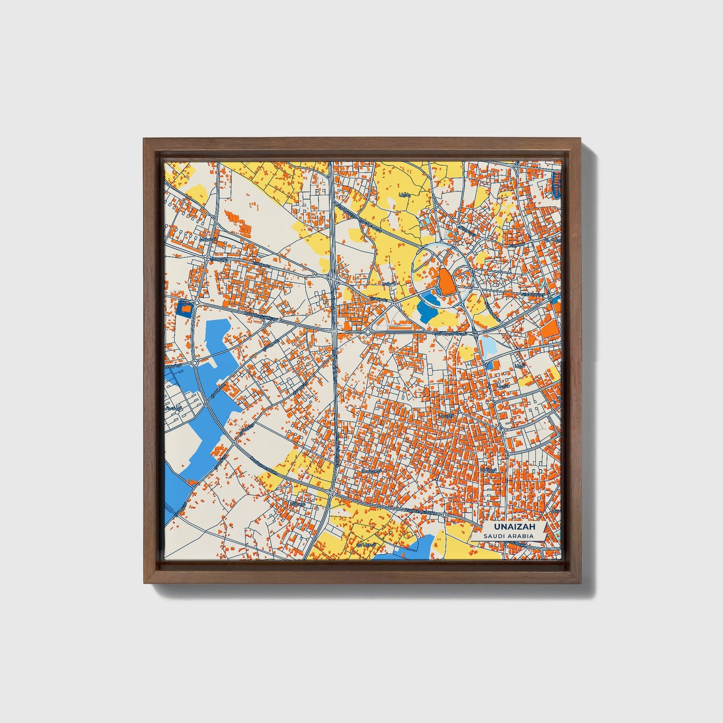 Unaizah Saudi Arabia Colorful City Map Canvas Print • Dark Wooden Framed
