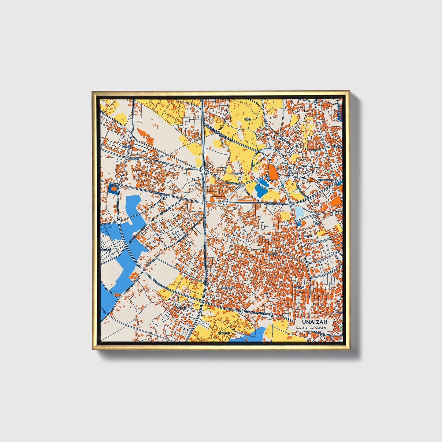 Unaizah Saudi Arabia Colorful City Map Canvas Print • Gold Framed