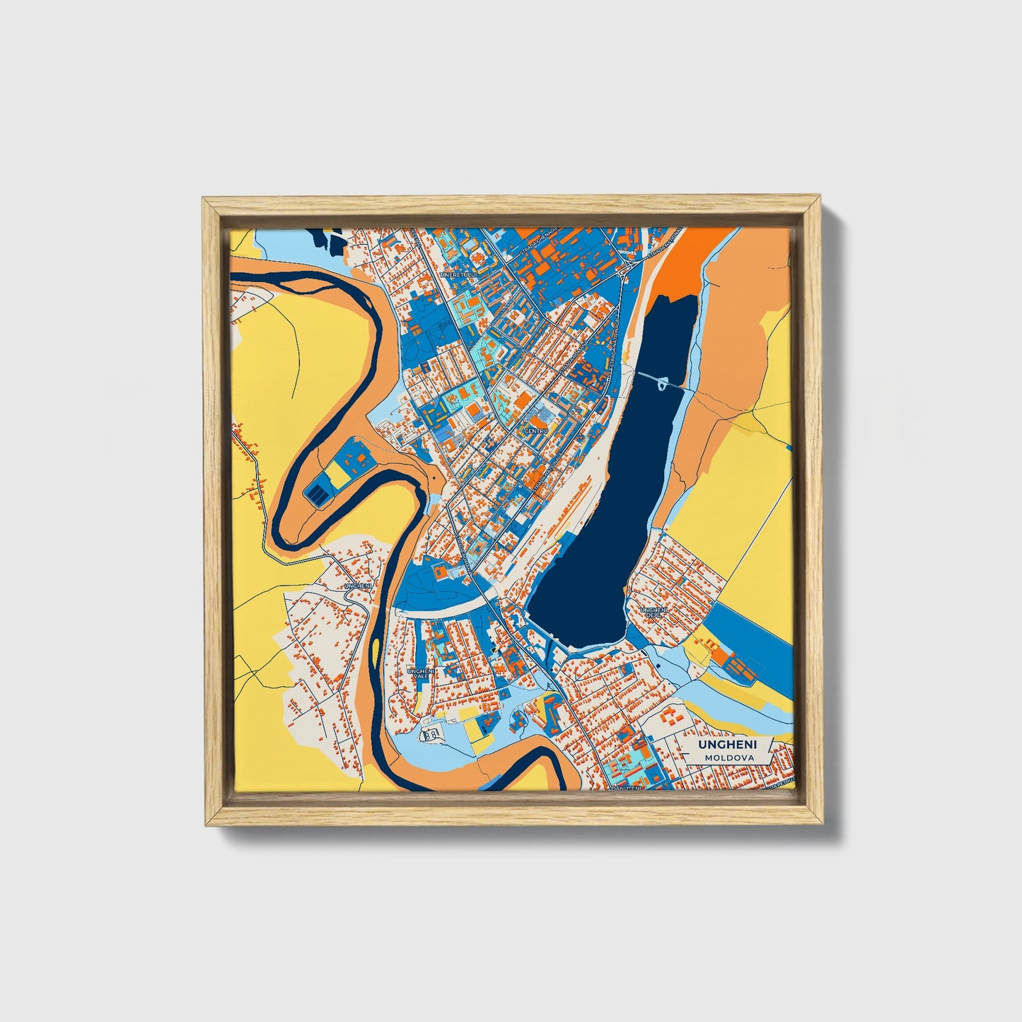 Ungheni Moldova Colorful City Map Canvas Print • Natural Wooden Framed