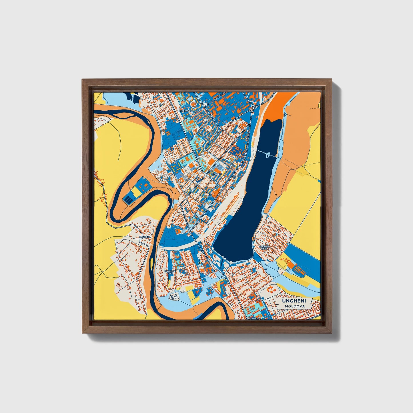 Ungheni Moldova Colorful City Map Canvas Print • Dark Wooden Framed