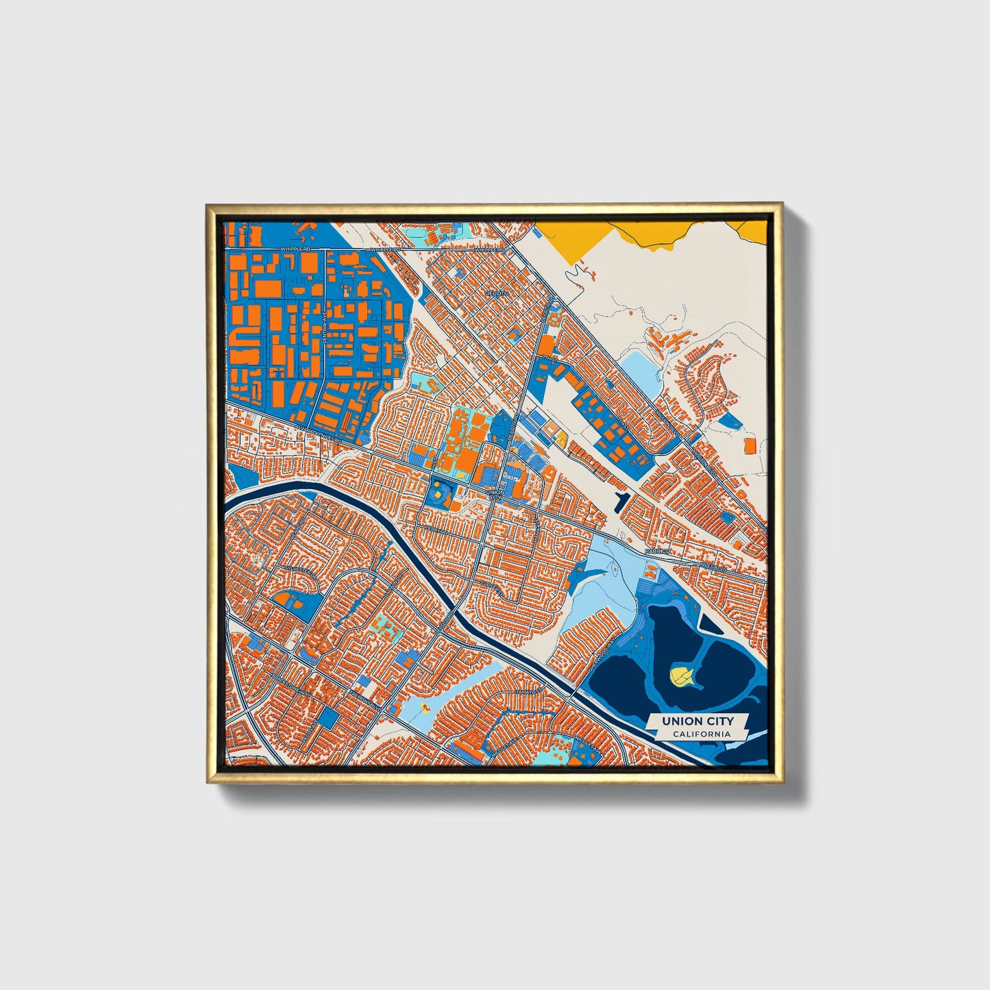 Union City California Colorful City Map Canvas Print • Gold Framed
