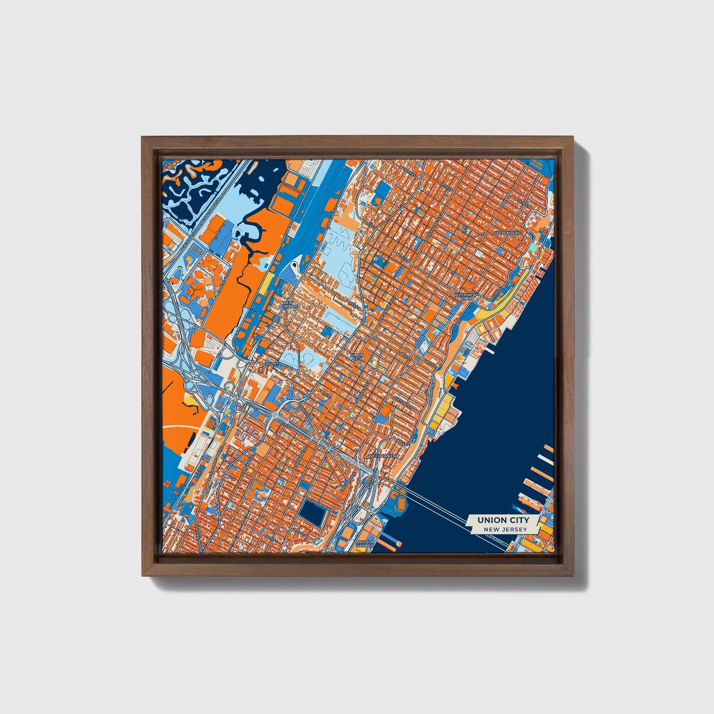 Union City New Jersey Colorful City Map Canvas Print • Dark Wooden Framed