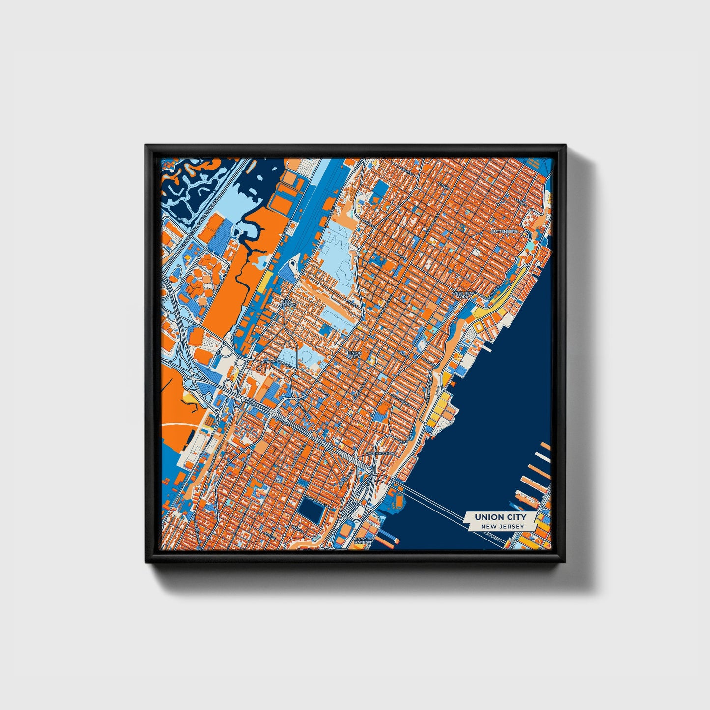 Union City New Jersey Colorful City Map Canvas Print • Black Framed