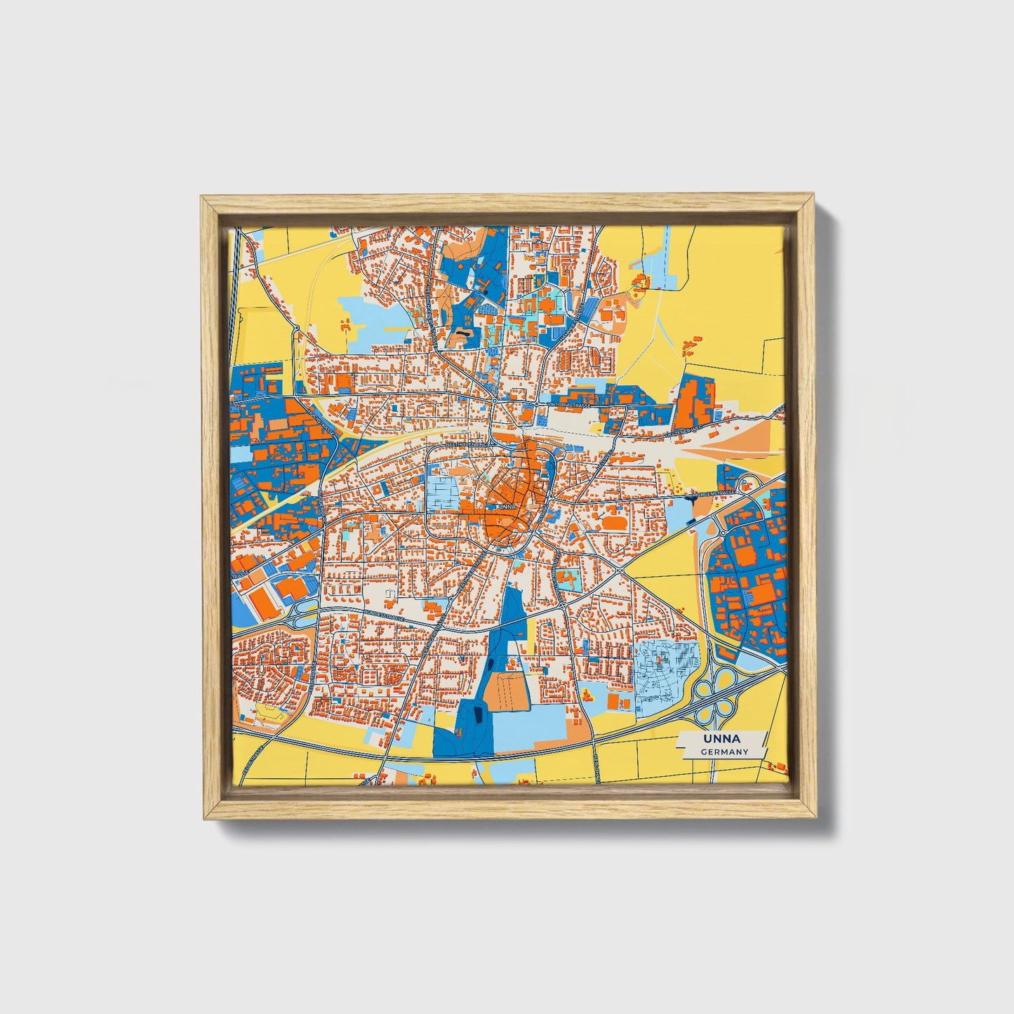 Unna Germany Colorful City Map Canvas Print • Natural Wooden Framed