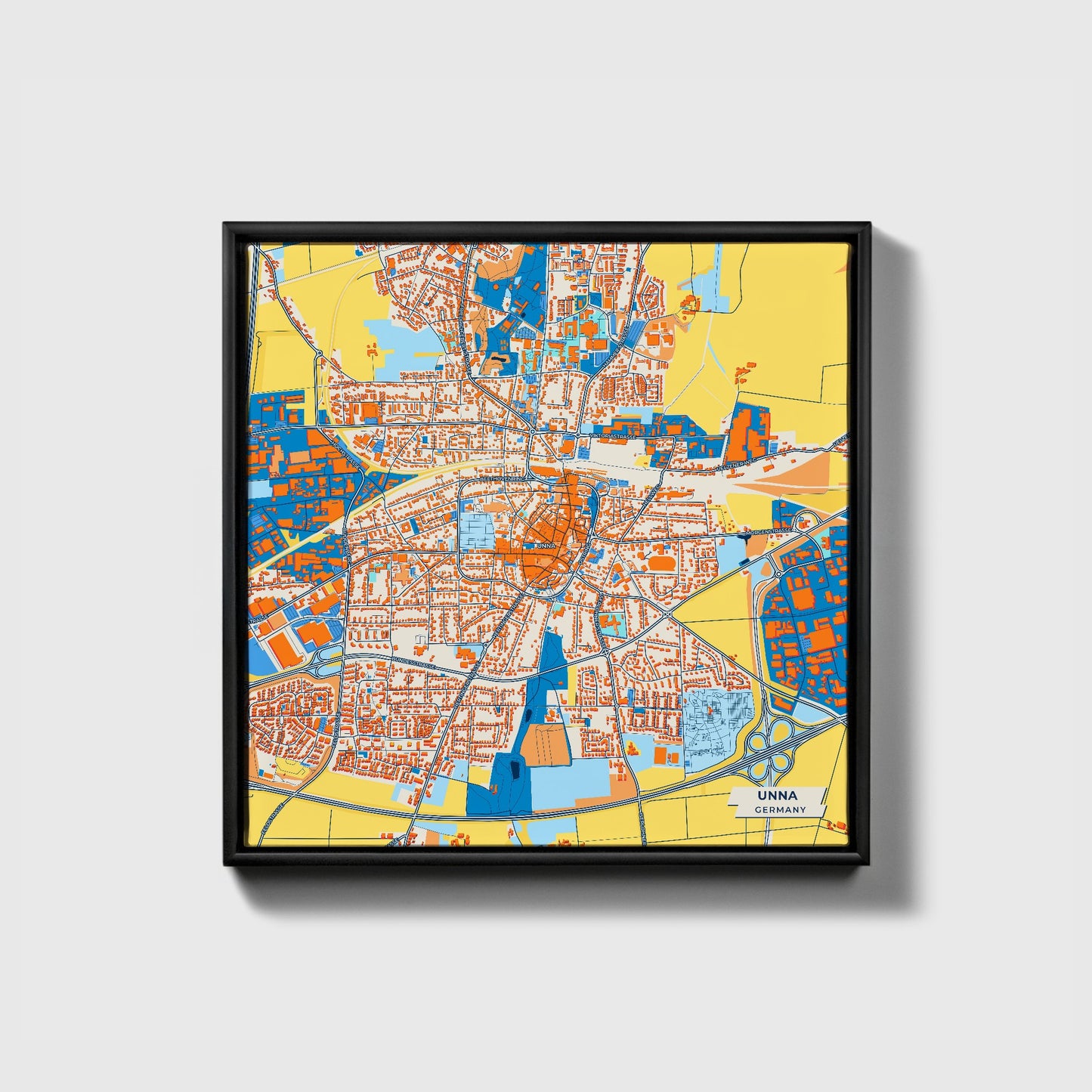 Unna Germany Colorful City Map Canvas Print • Black Framed