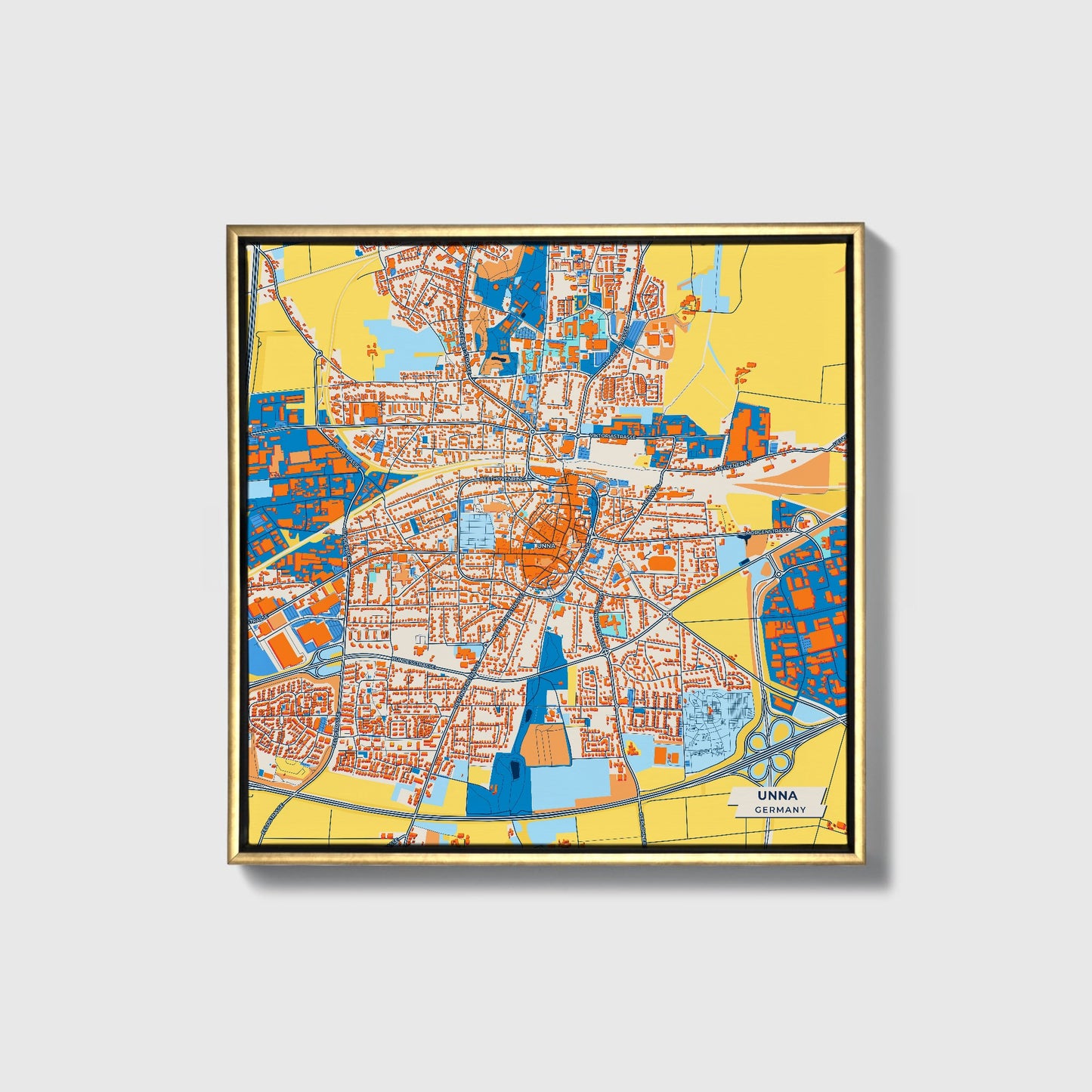 Unna Germany Colorful City Map Canvas Print • Gold Framed