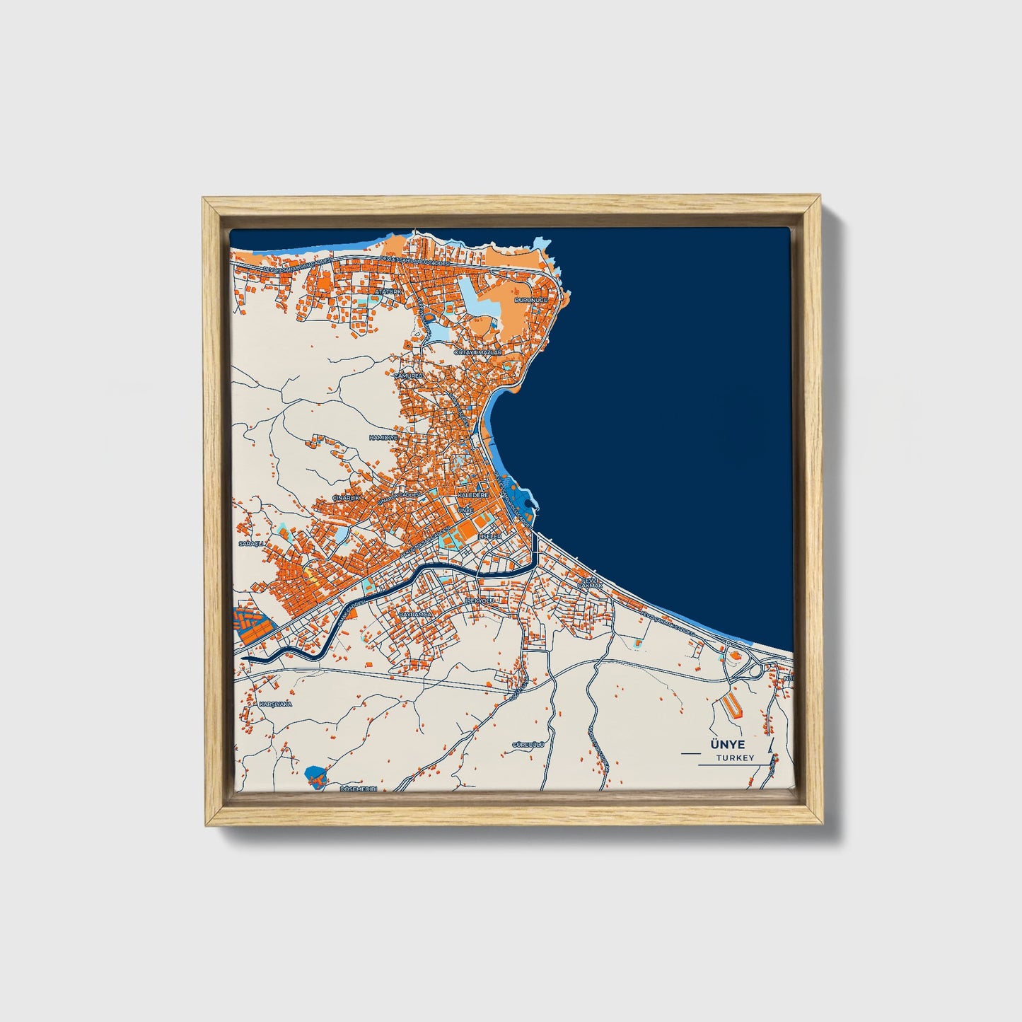 Ünye Turkey Colorful City Map Canvas Print • Natural Wooden Framed