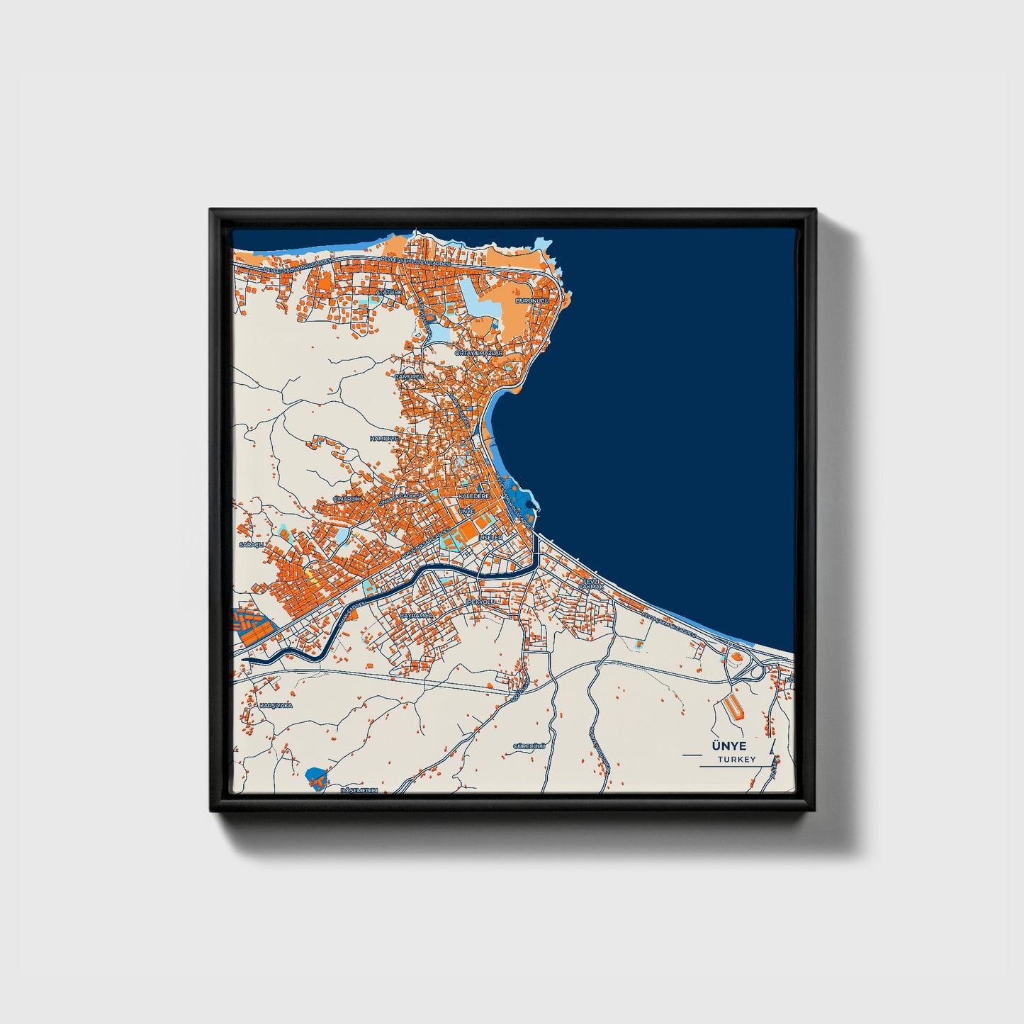 Ünye Turkey Colorful City Map Canvas Print • Black Framed