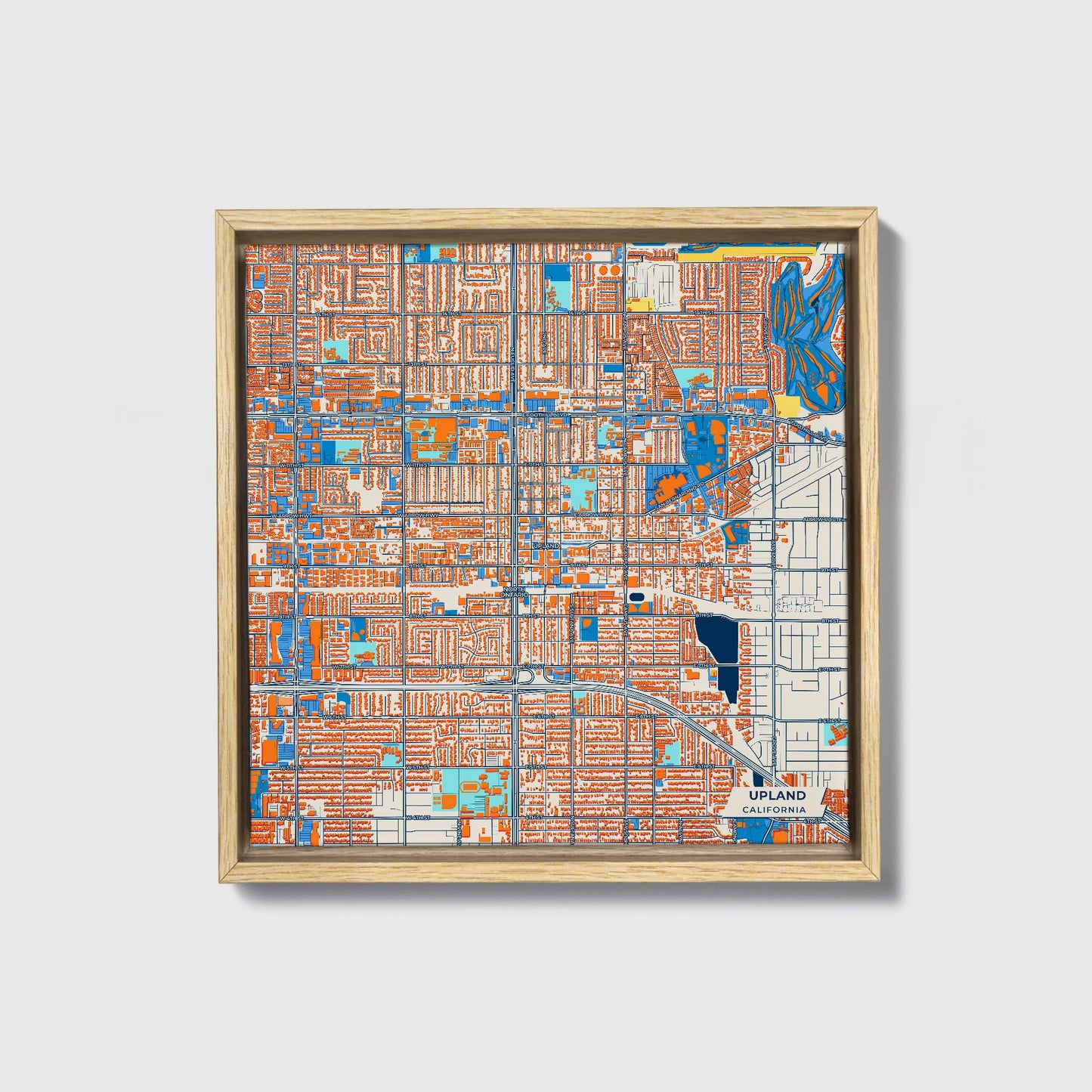 Upland California Colorful City Map Canvas Print • Natural Wooden Framed