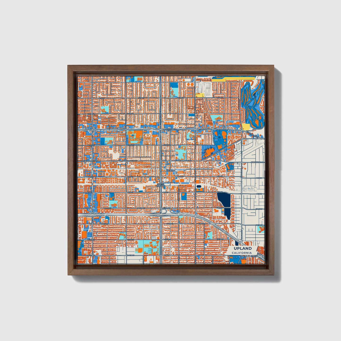 Upland California Colorful City Map Canvas Print • Dark Wooden Framed