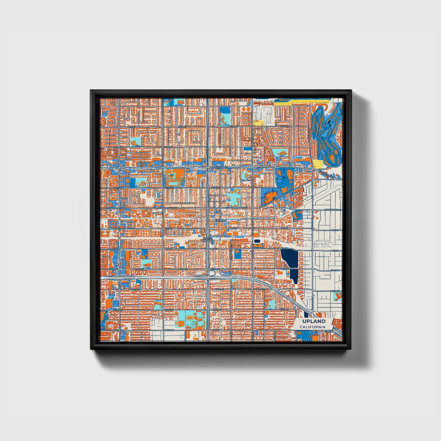 Upland California Colorful City Map Canvas Print • Black Framed