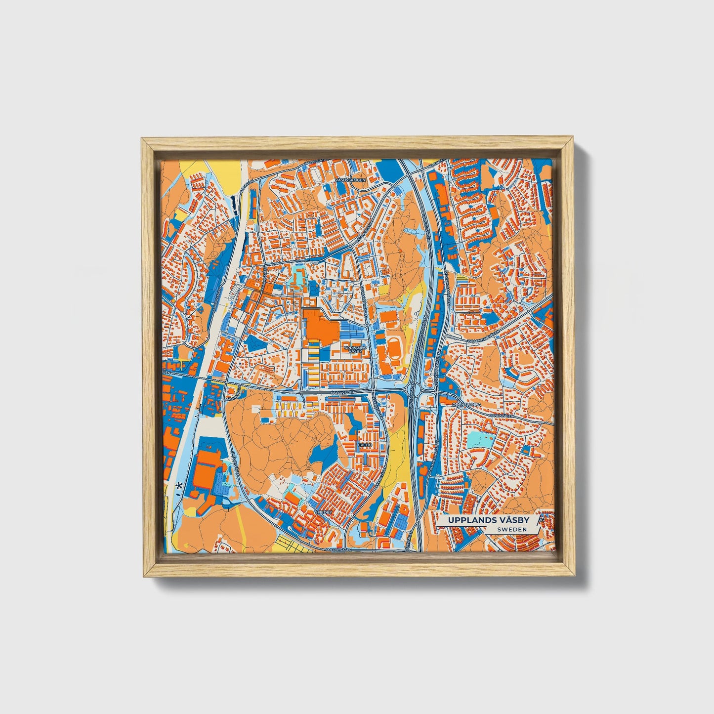 Uppföller Väsby Sweden Colorful City Map Canvas Print • Natural Wooden Framed