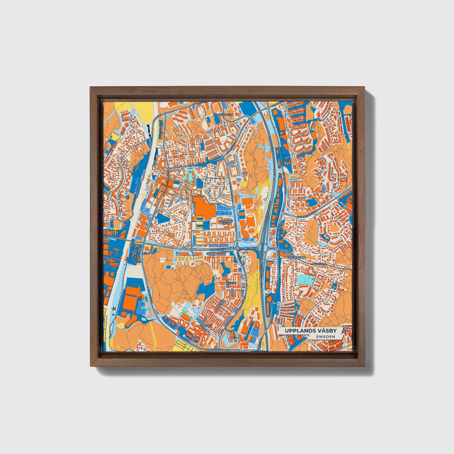 Uppföller Väsby Sweden Colorful City Map Canvas Print • Dark Wooden Framed