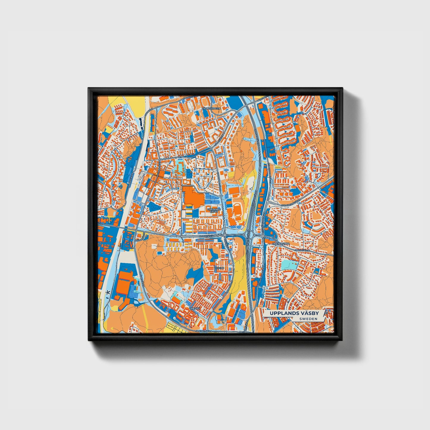 Uppföller Väsby Sweden Colorful City Map Canvas Print • Black Framed