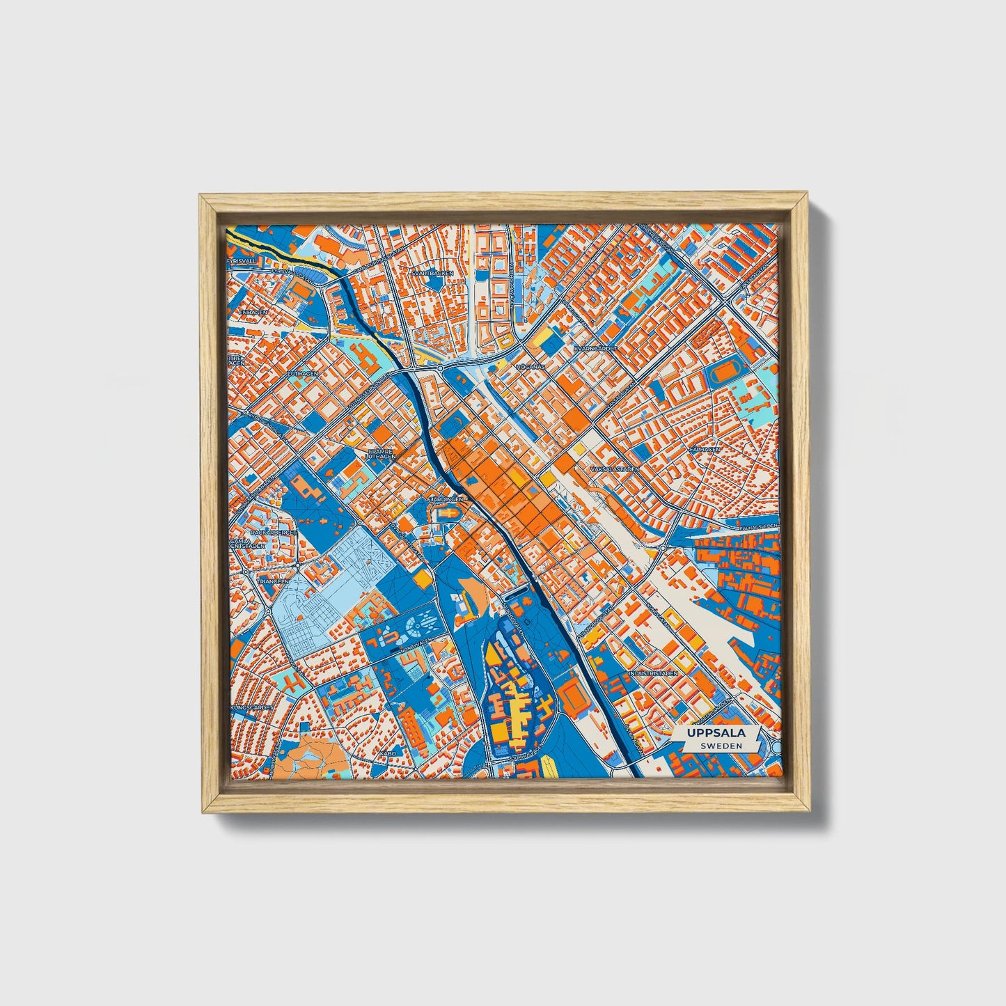 Uppsala Sweden Colorful City Map Canvas Print • Natural Wooden Framed