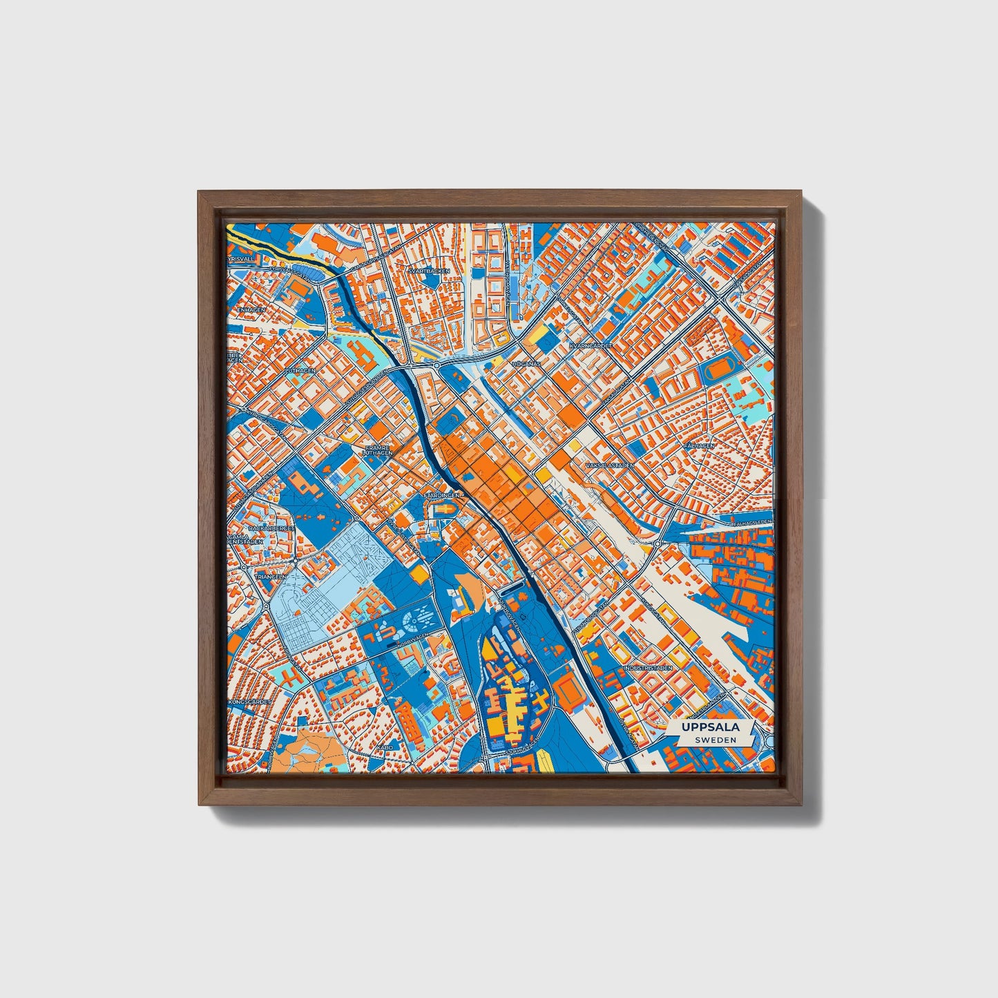 Uppsala Sweden Colorful City Map Canvas Print • Dark Wooden Framed