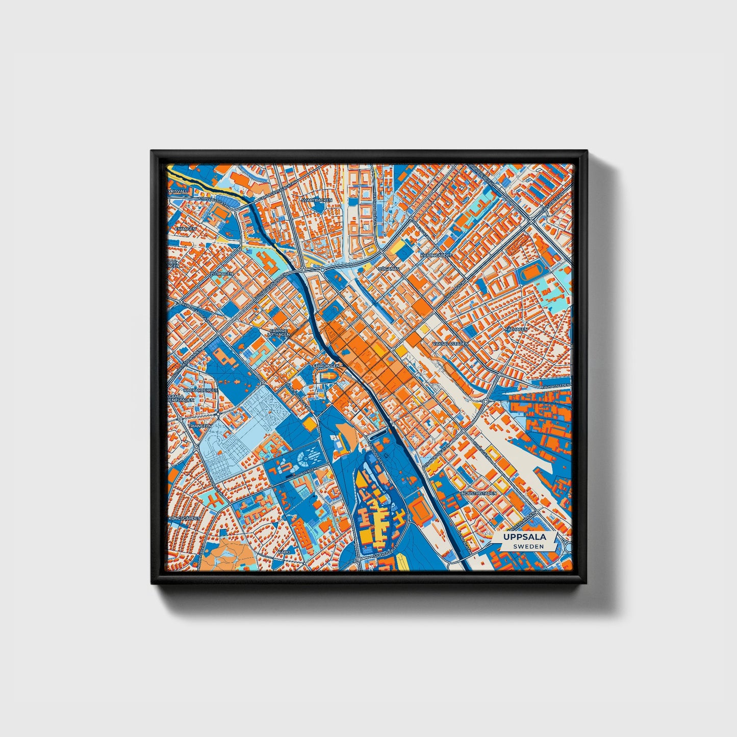 Uppsala Sweden Colorful City Map Canvas Print • Black Framed