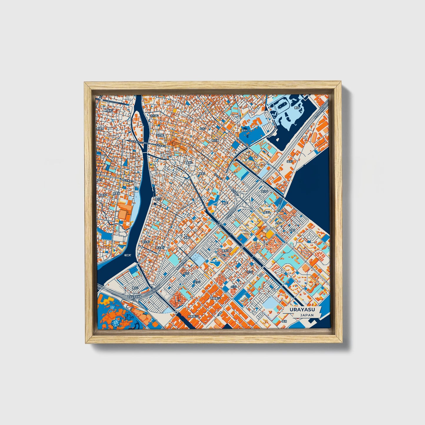 Urayasu Japan Colorful City Map Canvas Print • Natural Wooden Framed