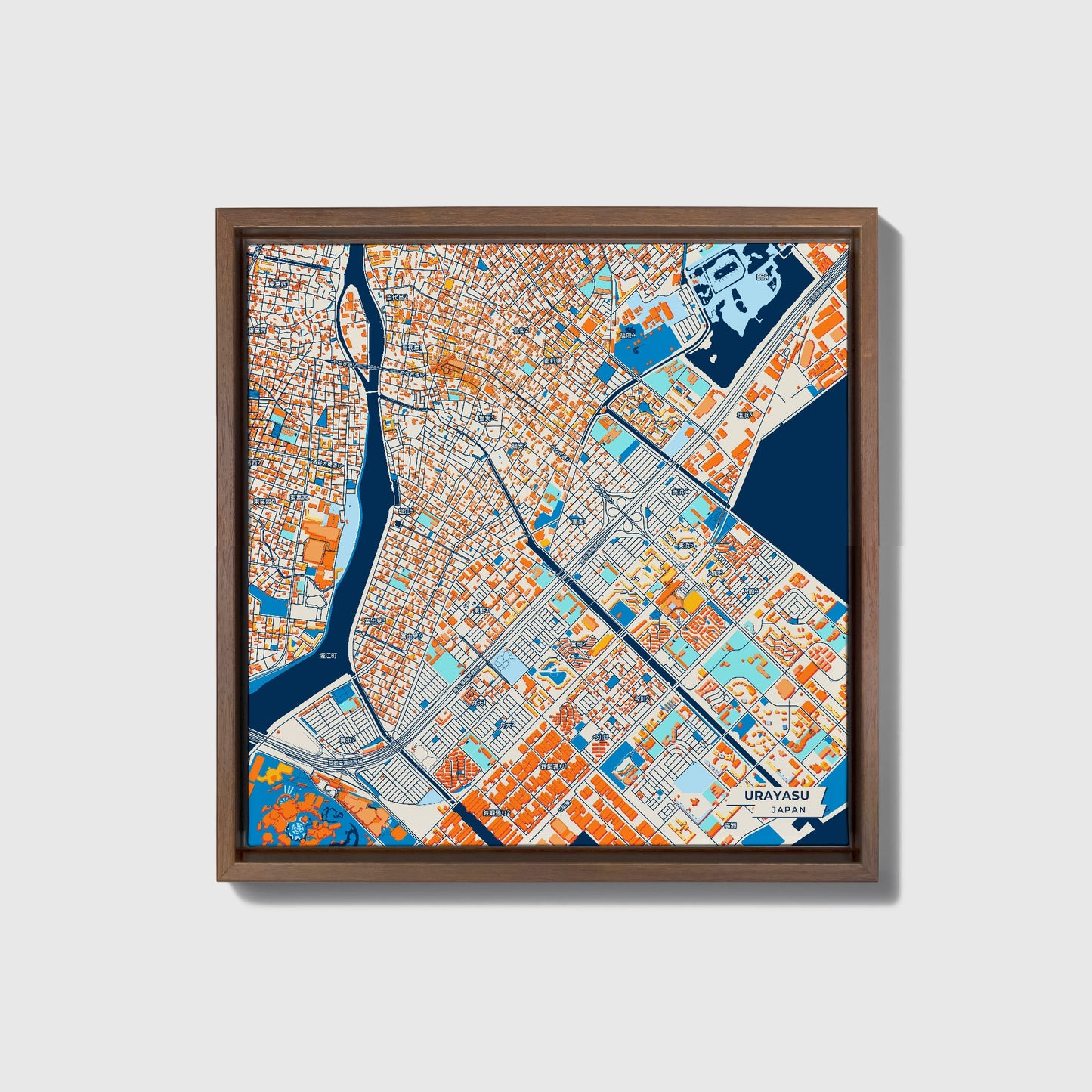 Urayasu Japan Colorful City Map Canvas Print • Dark Wooden Framed
