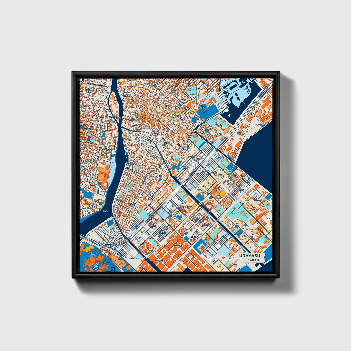 Urayasu Japan Colorful City Map Canvas Print • Black Framed