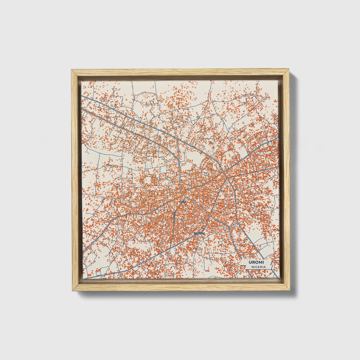 Uromi Nigeria Colorful City Map Canvas Print • Natural Wooden Framed