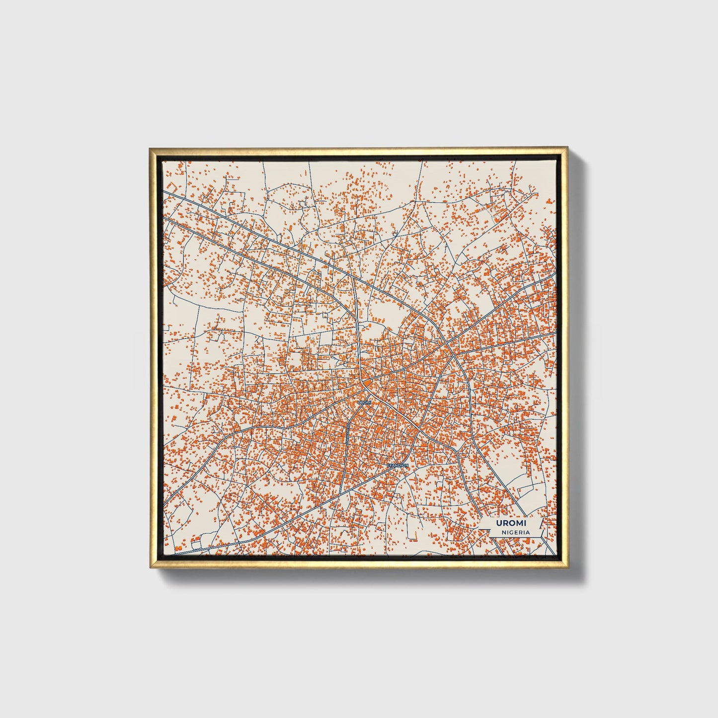 Uromi Nigeria Colorful City Map Canvas Print • Gold Framed