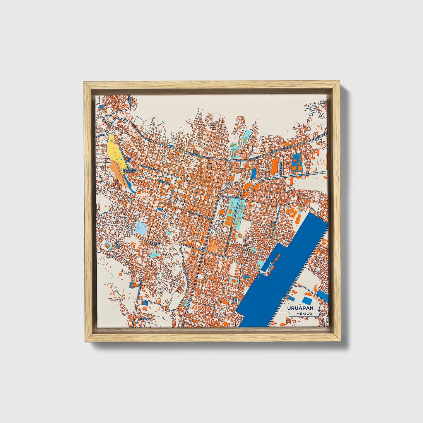 Uruapan Mexico Colorful City Map Canvas Print • Natural Wooden Framed