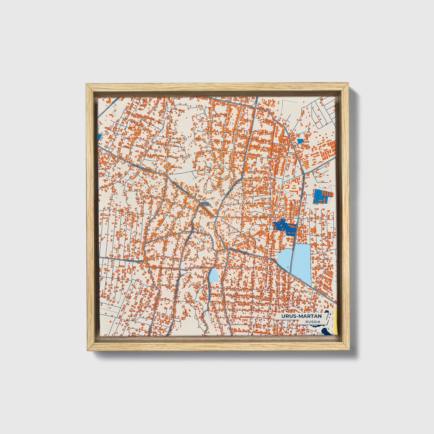 Урус-Мартан Russia Colorful City Map Canvas Print • Natural Wooden Framed
