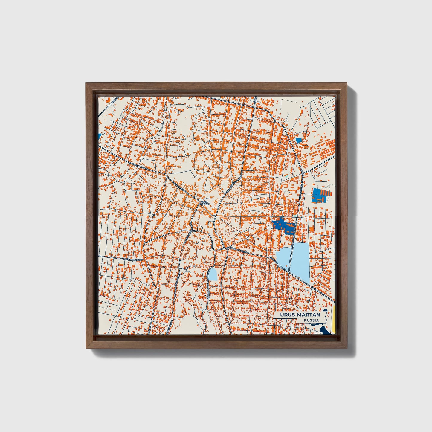 Урус-Мартан Russia Colorful City Map Canvas Print • Dark Wooden Framed