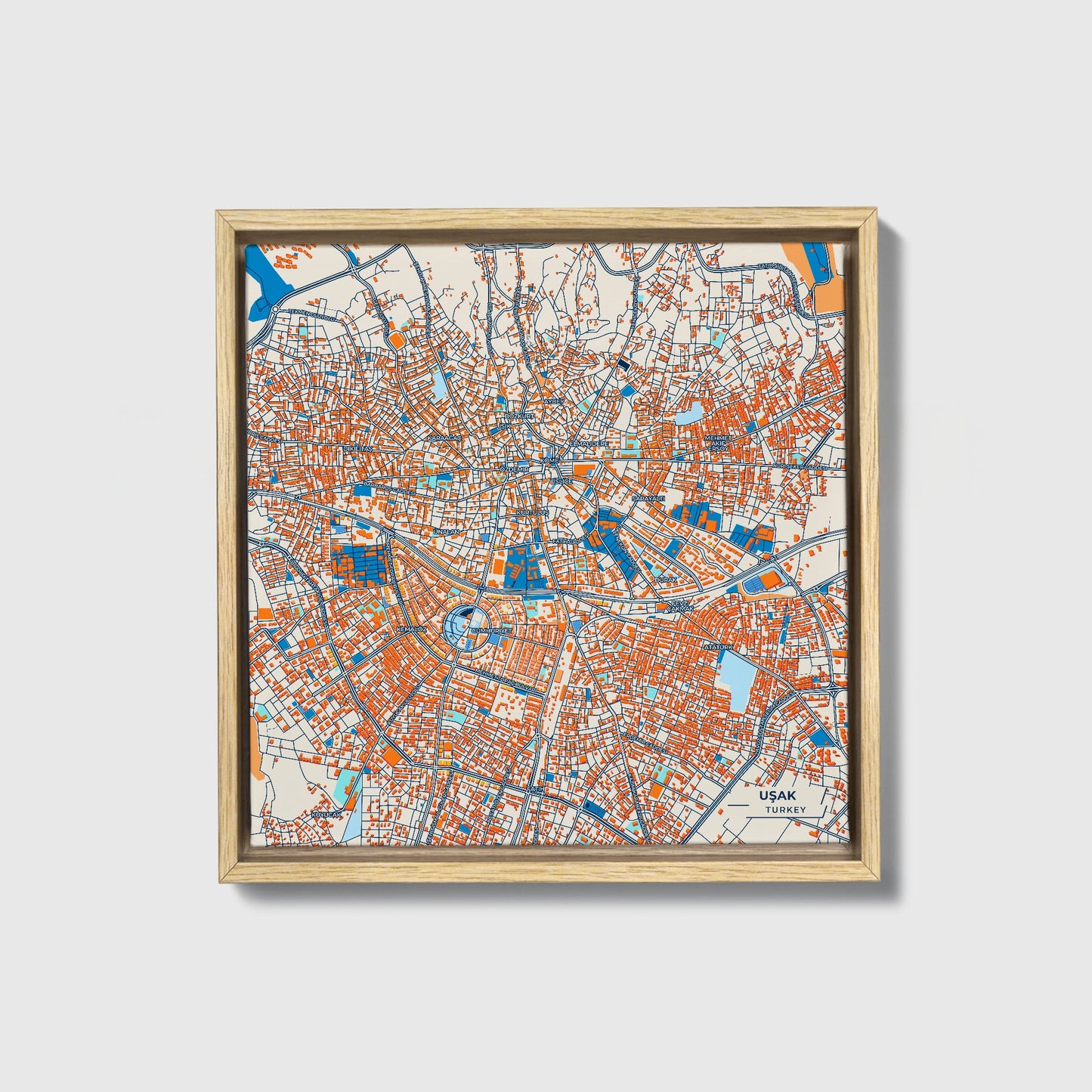 Uşak Turkey Colorful City Map Canvas Print • Natural Wooden Framed