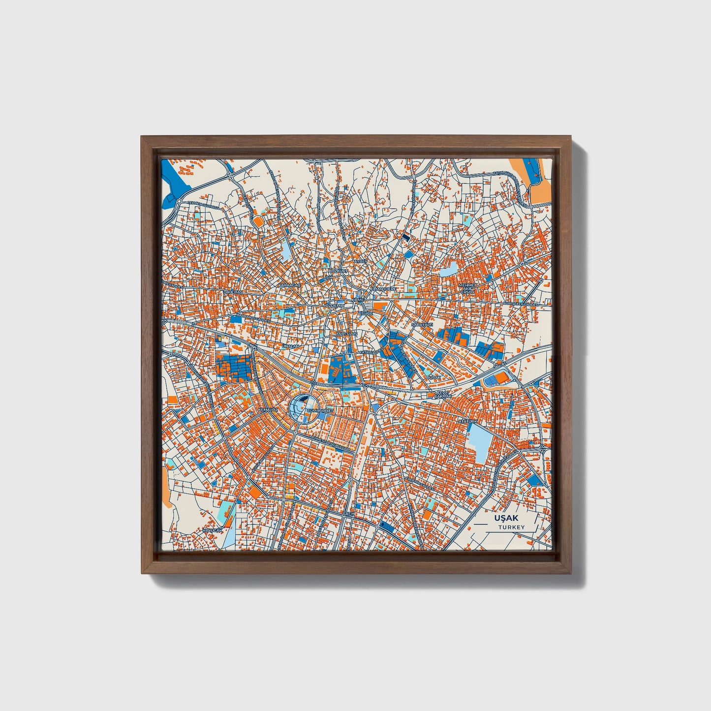 Uşak Turkey Colorful City Map Canvas Print • Dark Wooden Framed