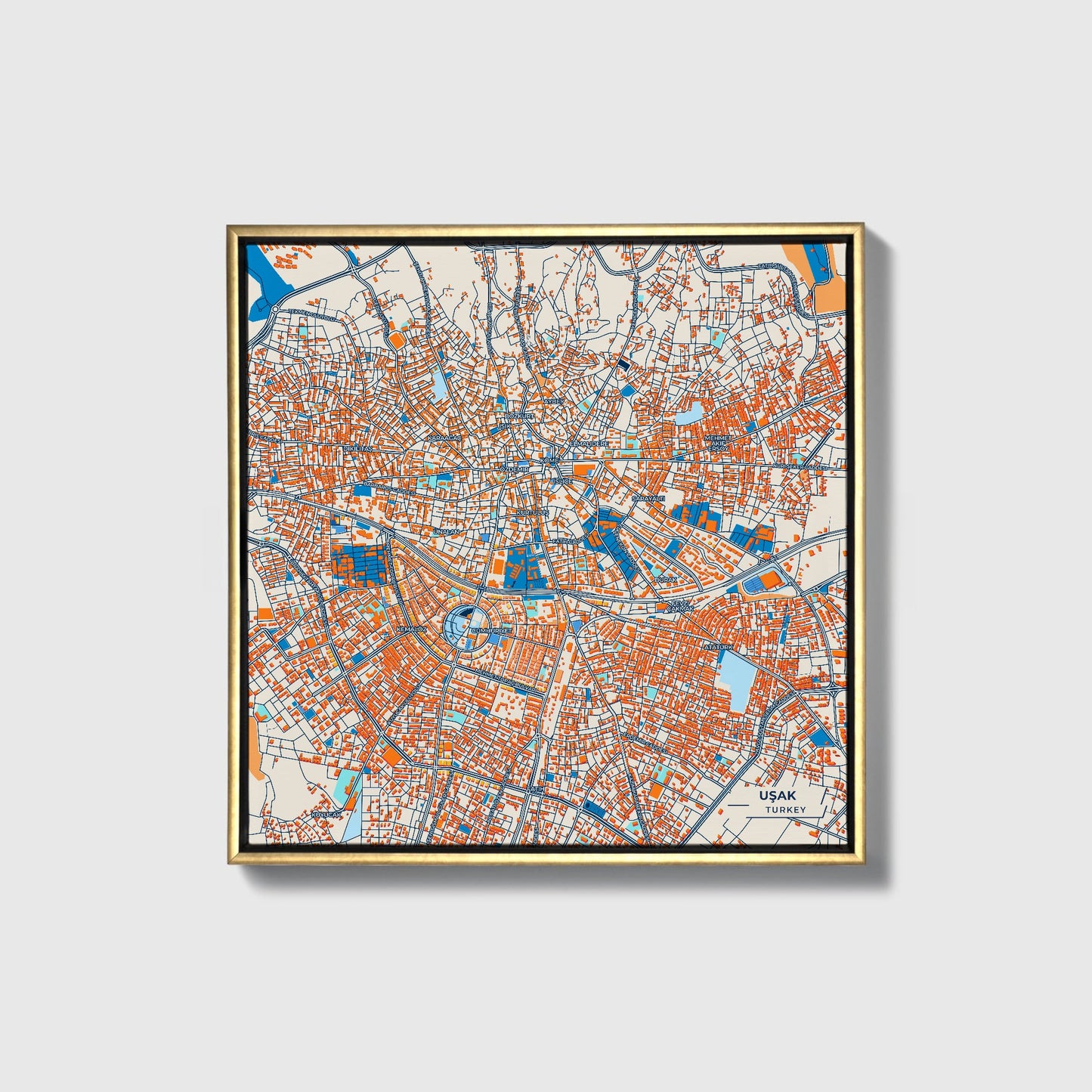 Uşak Turkey Colorful City Map Canvas Print • Gold Framed