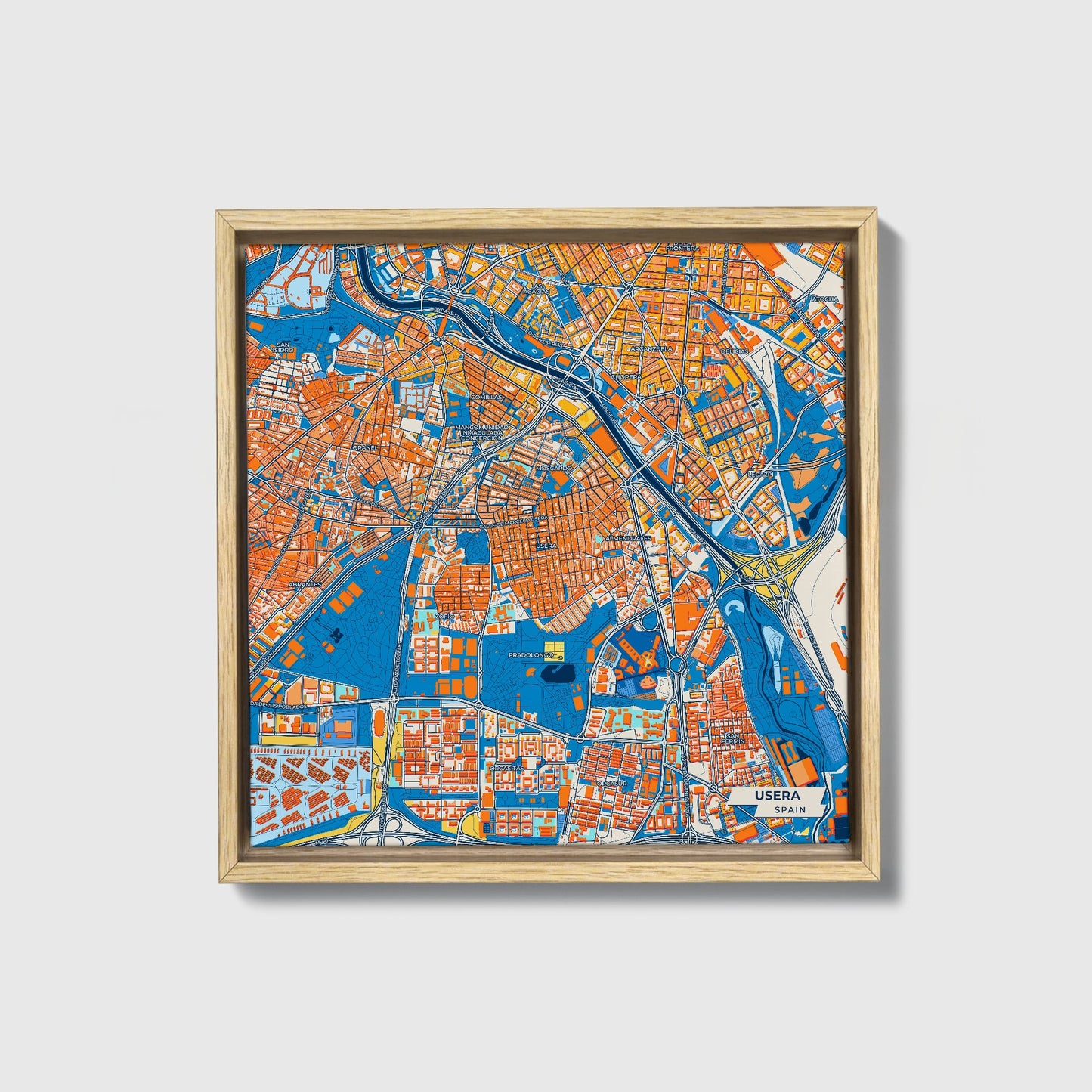 Usera Spain Colorful City Map Canvas Print • Natural Wooden Framed