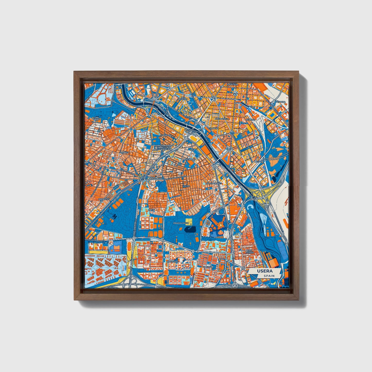 Usera Spain Colorful City Map Canvas Print • Dark Wooden Framed