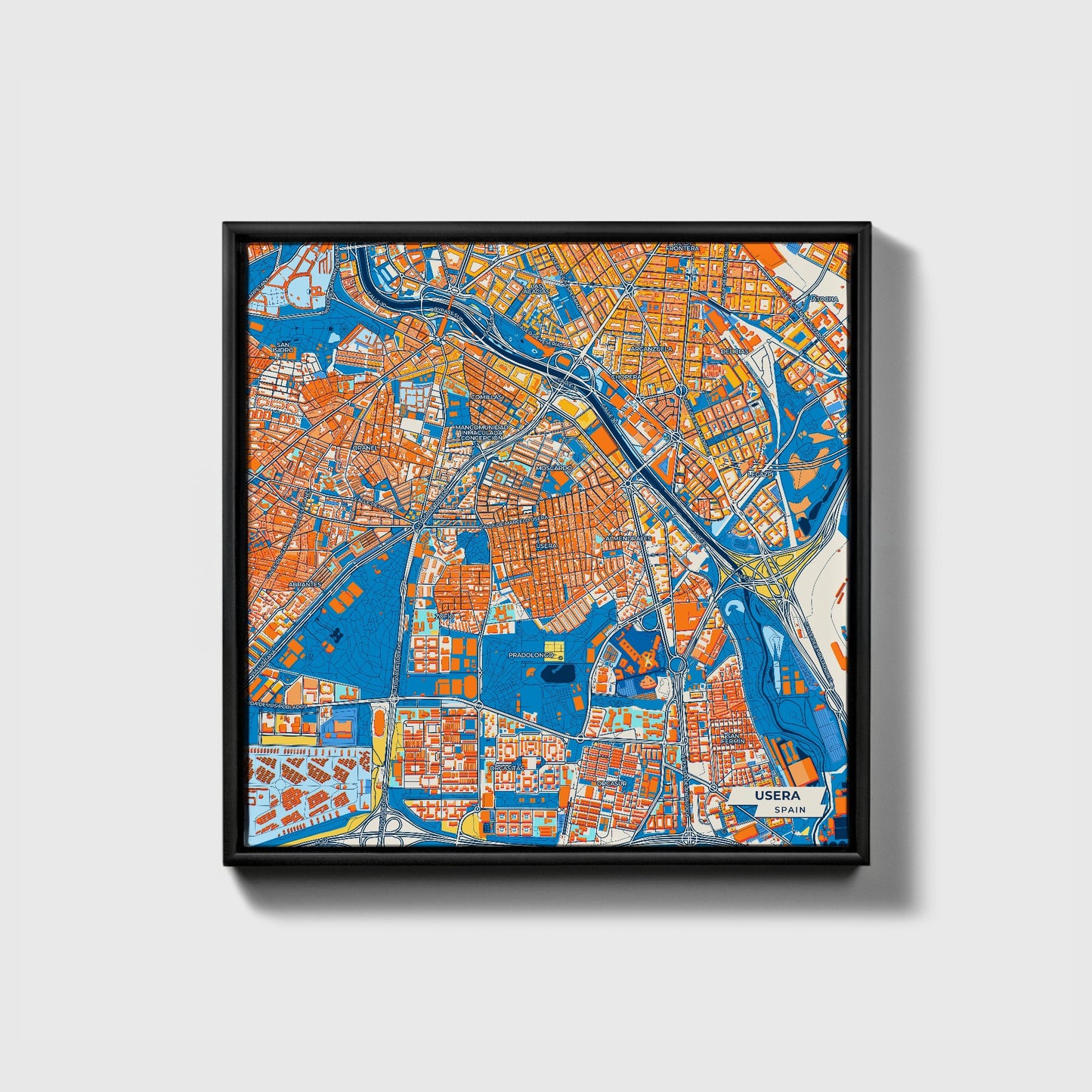 Usera Spain Colorful City Map Canvas Print • Black Framed