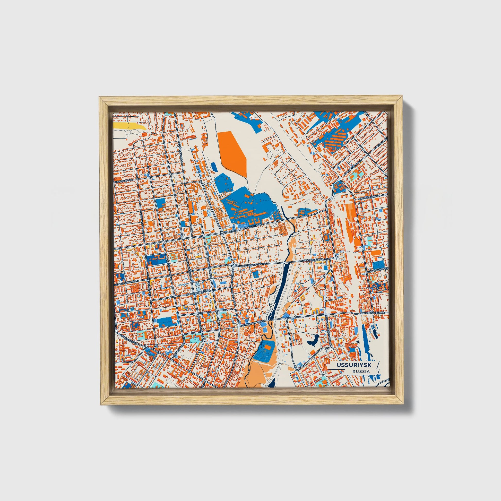 Уссурийске Russia Colorful City Map Canvas Print • Natural Wooden Framed
