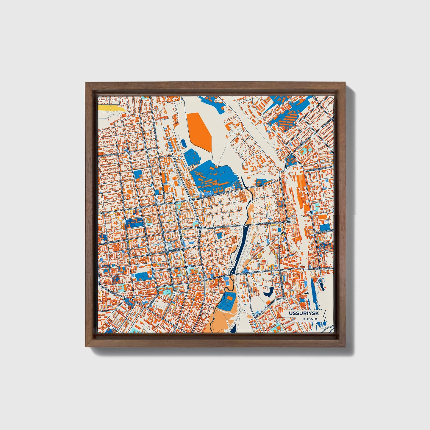 Уссурийске Russia Colorful City Map Canvas Print • Dark Wooden Framed