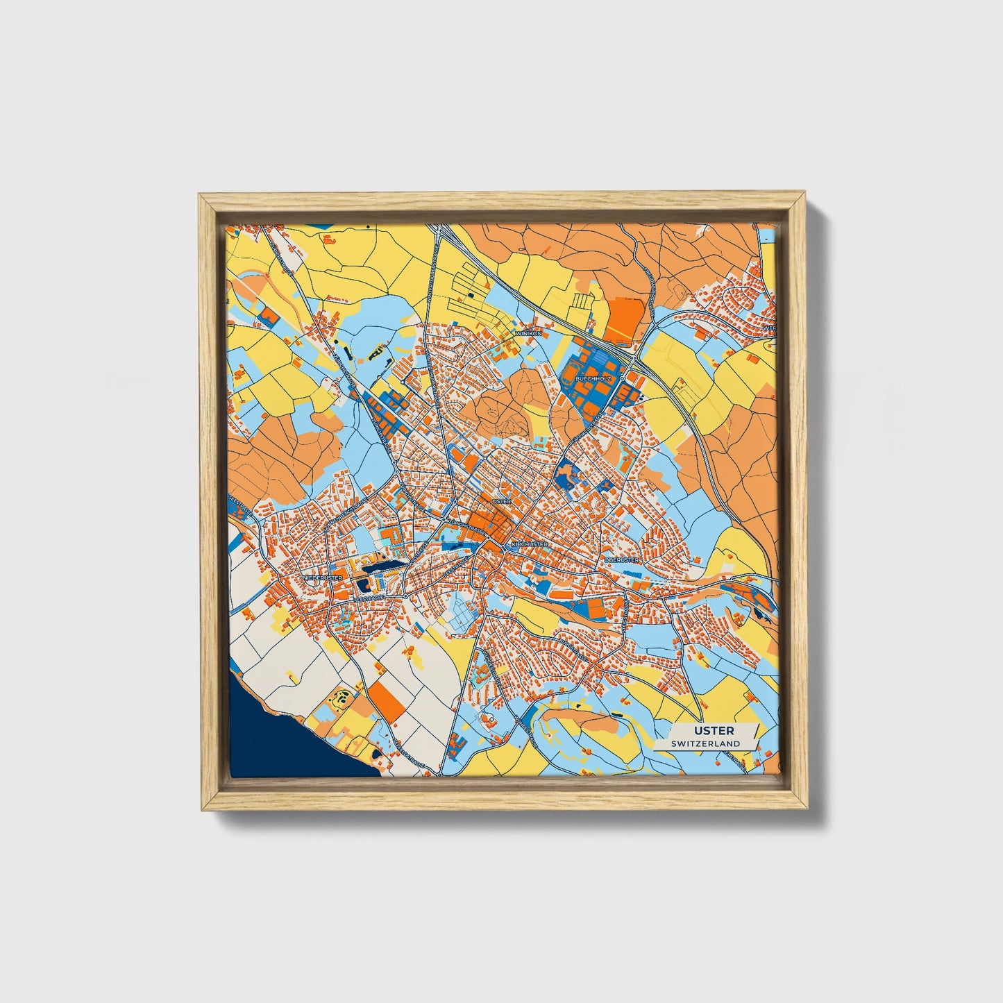 Uster Switzerland Colorful City Map Canvas Print • Natural Wooden Framed
