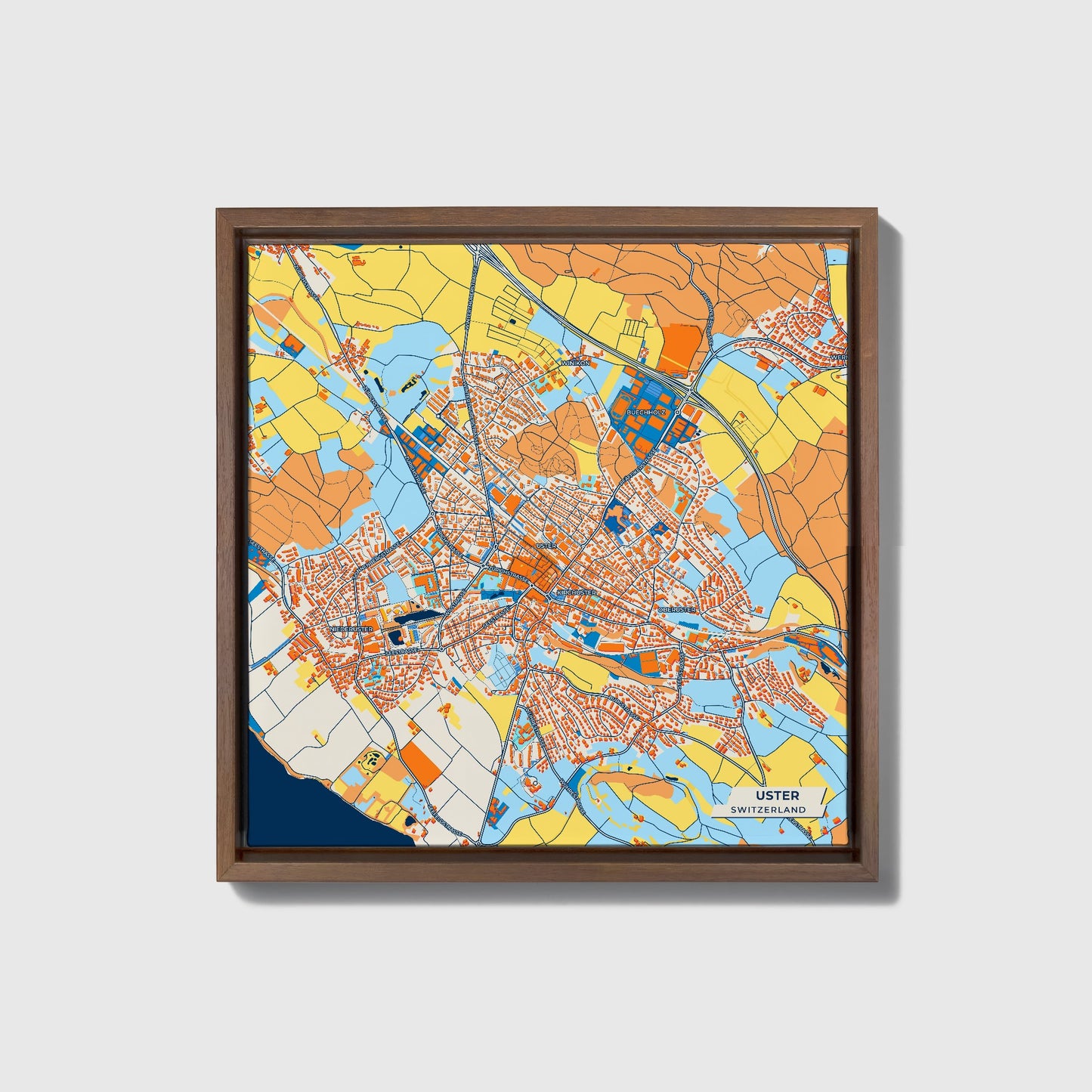 Uster Switzerland Colorful City Map Canvas Print • Dark Wooden Framed