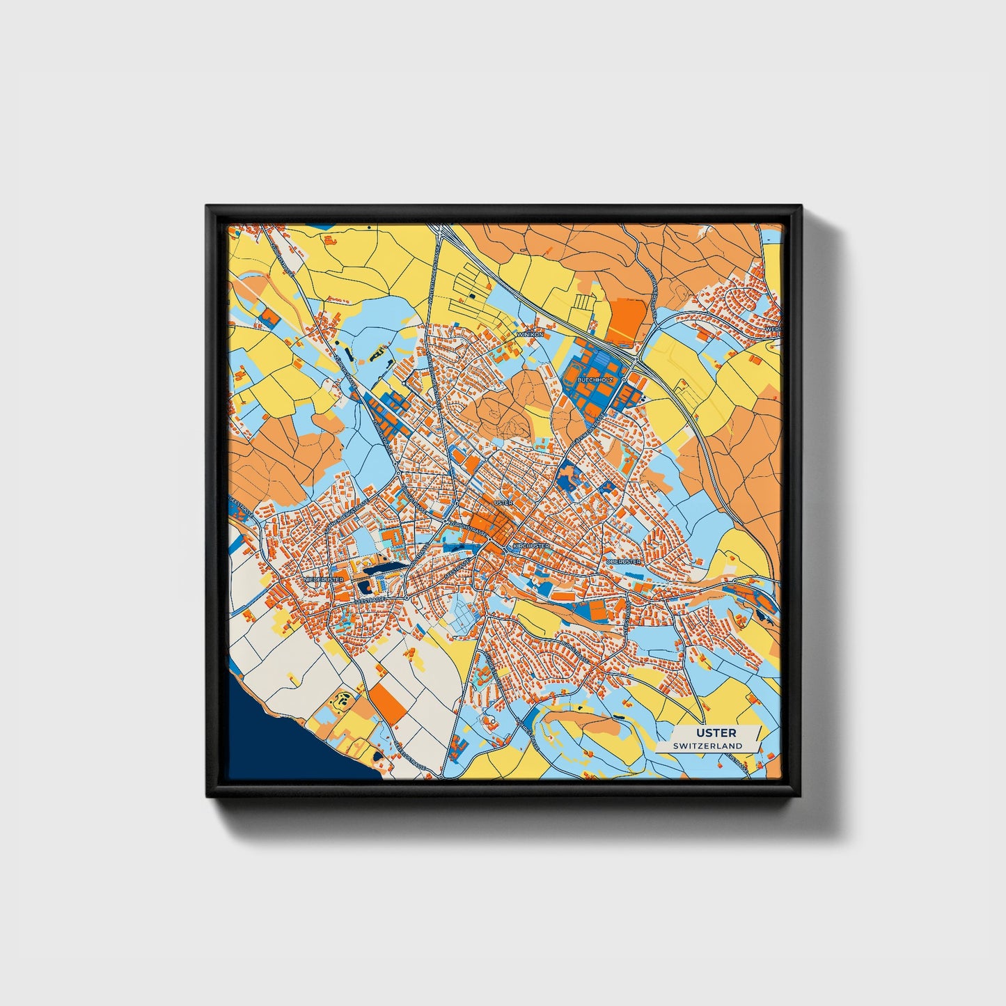 Uster Switzerland Colorful City Map Canvas Print • Black Framed