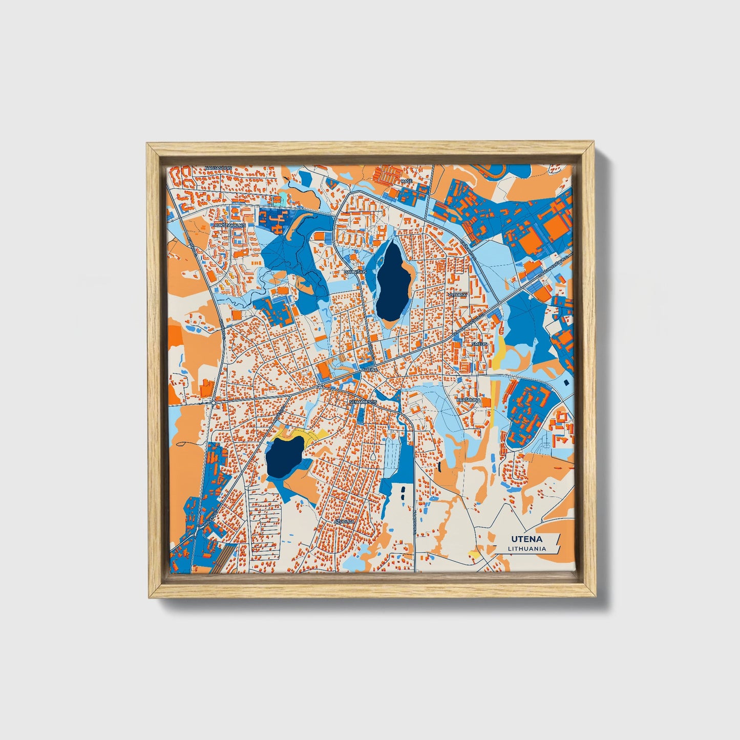 Utena Lithuania Colorful City Map Canvas Print • Natural Wooden Framed