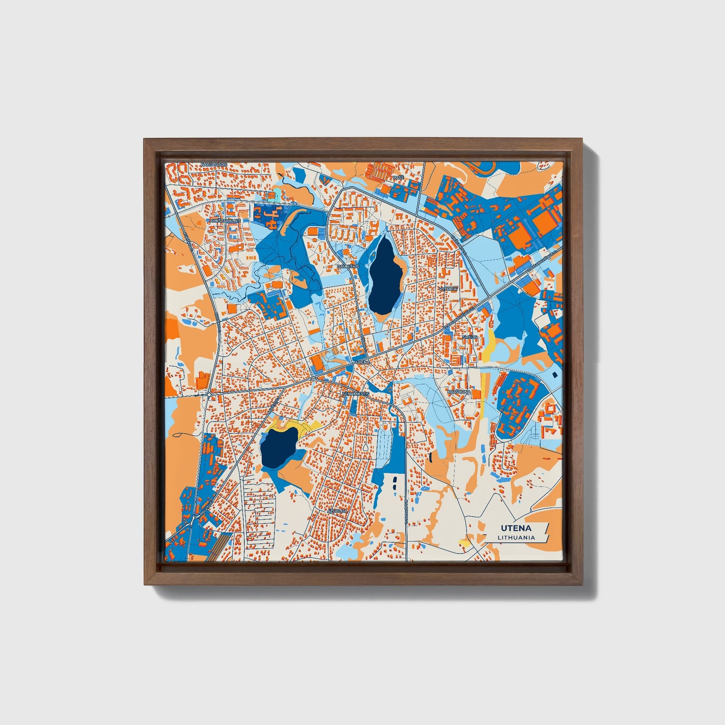 Utena Lithuania Colorful City Map Canvas Print • Dark Wooden Framed