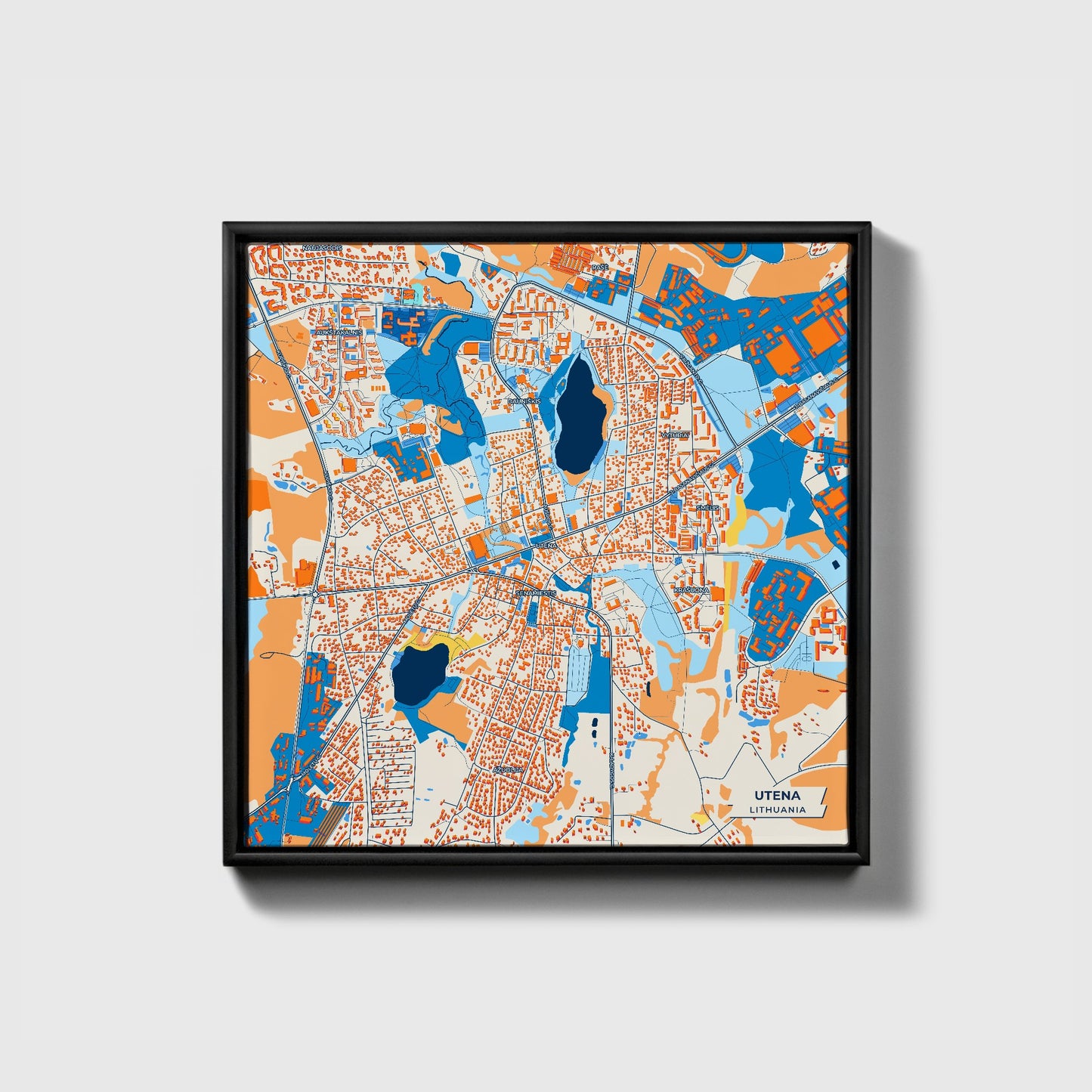 Utena Lithuania Colorful City Map Canvas Print • Black Framed