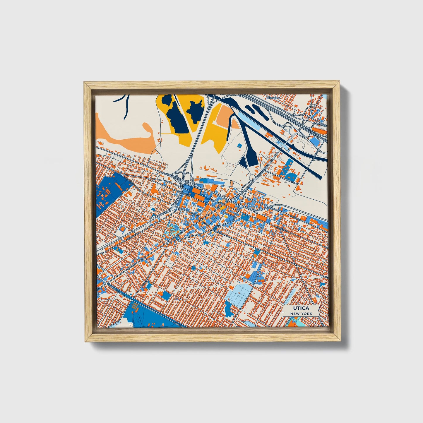 Utica New York Colorful City Map Canvas Print • Natural Wooden Framed