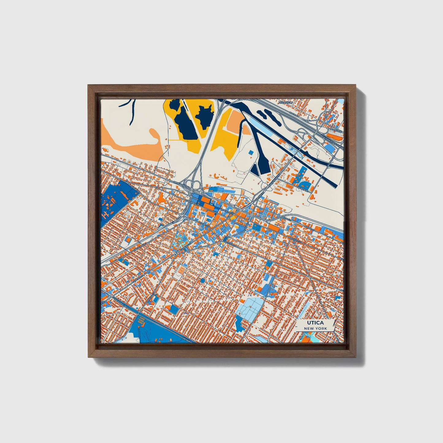 Utica New York Colorful City Map Canvas Print • Dark Wooden Framed