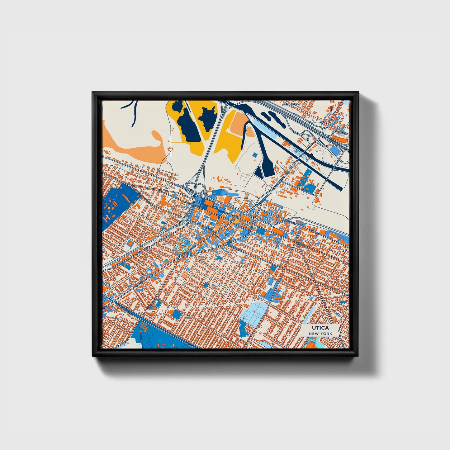 Utica New York Colorful City Map Canvas Print • Black Framed