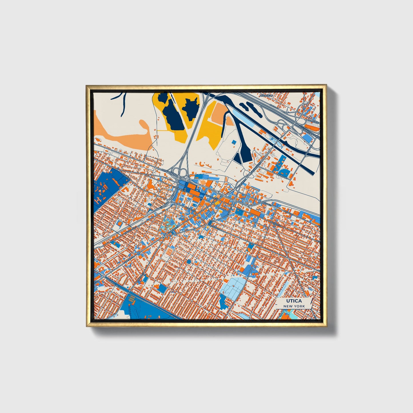 Utica New York Colorful City Map Canvas Print • Gold Framed