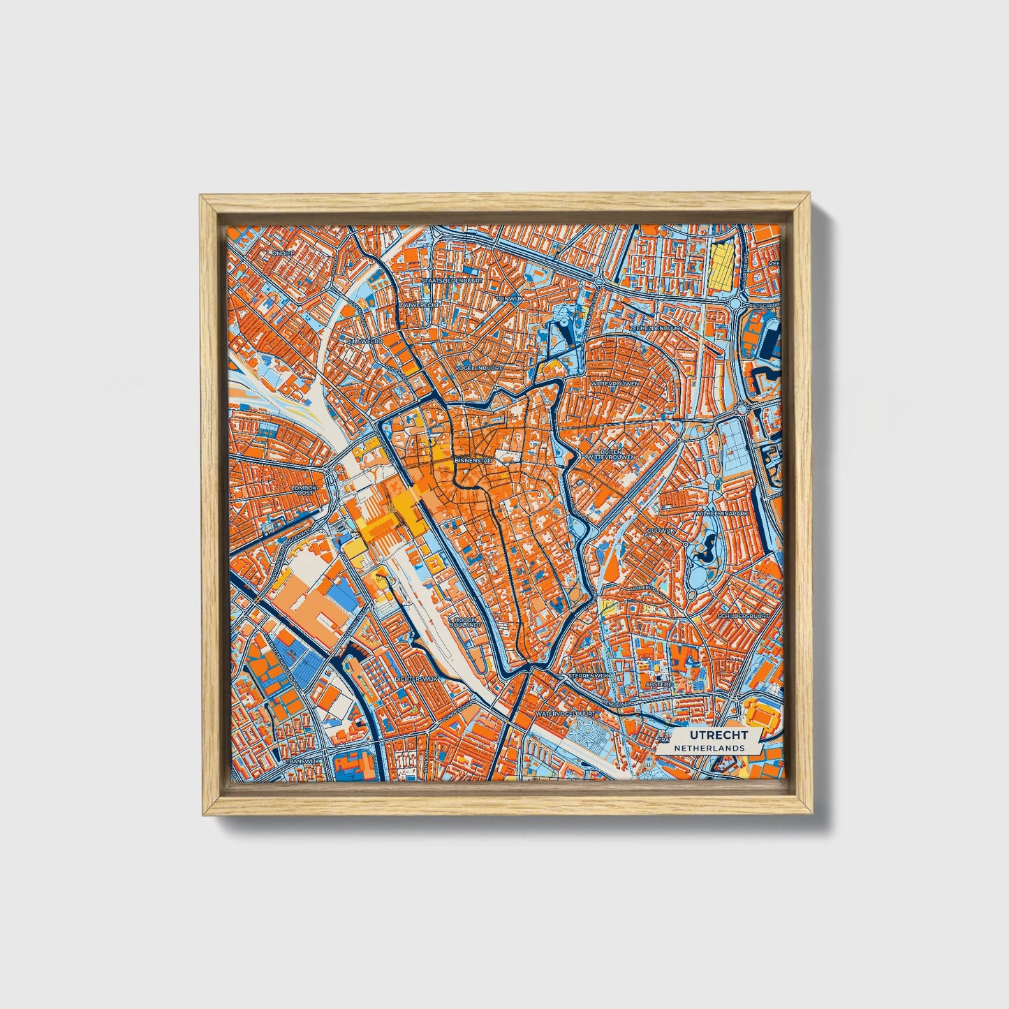 Utrecht Netherlands Colorful City Map Canvas Print • Natural Wooden Framed